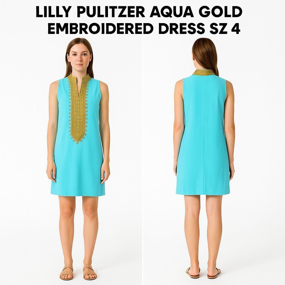 LILLY PULITZER AQUA GOLD EMBROIDERED DRESS SZ 4
